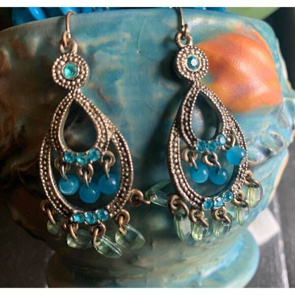 Vintage Shades of Blue Beads Danglers, 3 PAIRS, Unmarked - Picture 3 of 5